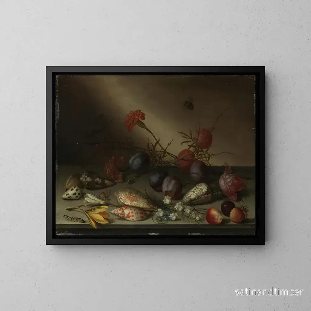 Reproduktion av målningen av naturtavla med snäckor, frukter och blommor - Balthasar van der Ast