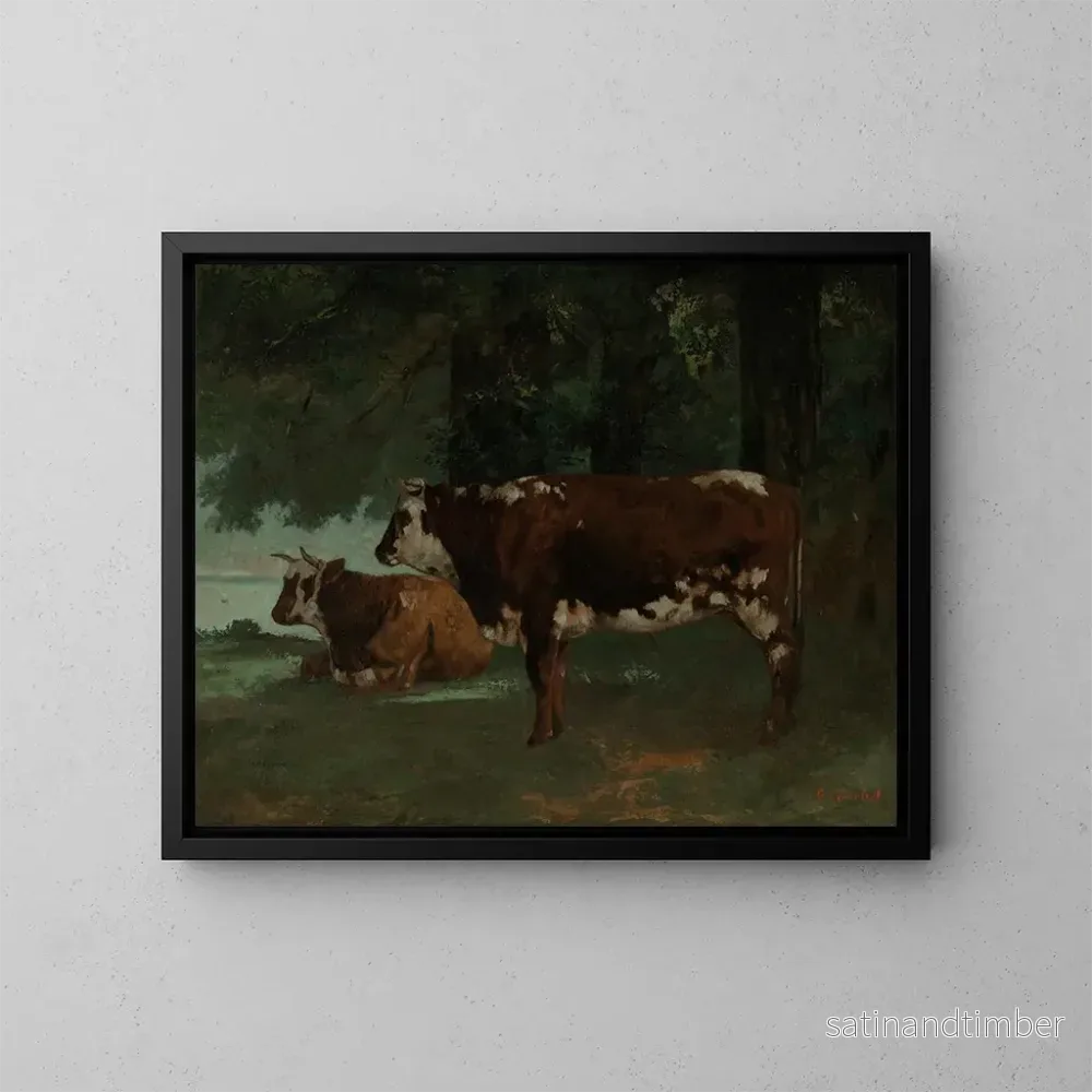 Reproduktion av målningen av två kor med bruna pälsar – Gustave Courbet Reproduktion av målningen av två kor med bruna pälsar – Gustave Courbet
