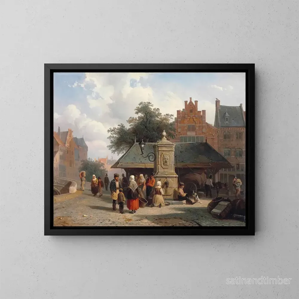 Reproduktion av målningen vid brunnen i ett nederländskt stadstorg – Cornelis Springer