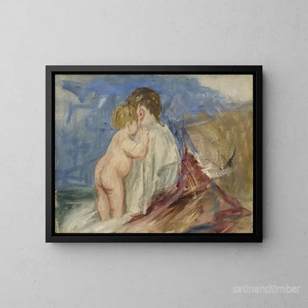 Reproduktion av målningen av sittande mor med ett stående barn vid sin sida i ett landskap - Mary Cassatt