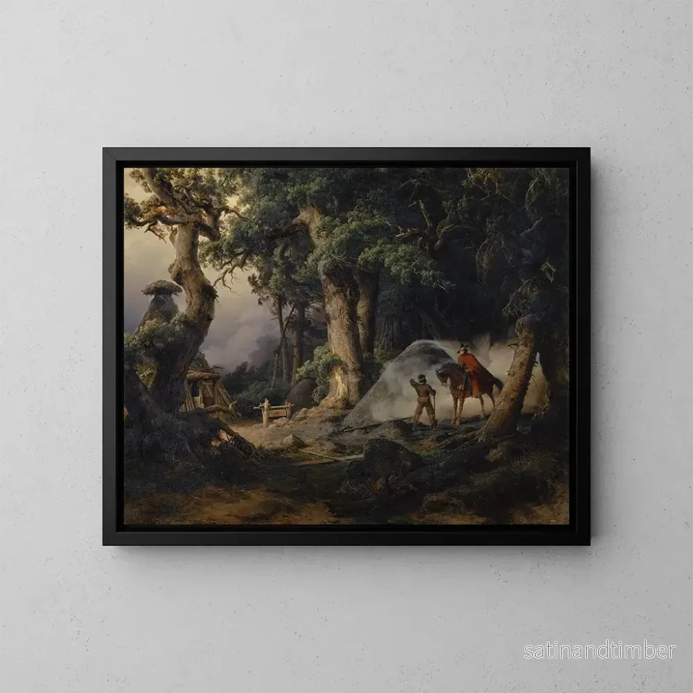 Reproduktion av målningen av en kolpanna i en ekskog - Karl Friedrich Lessing