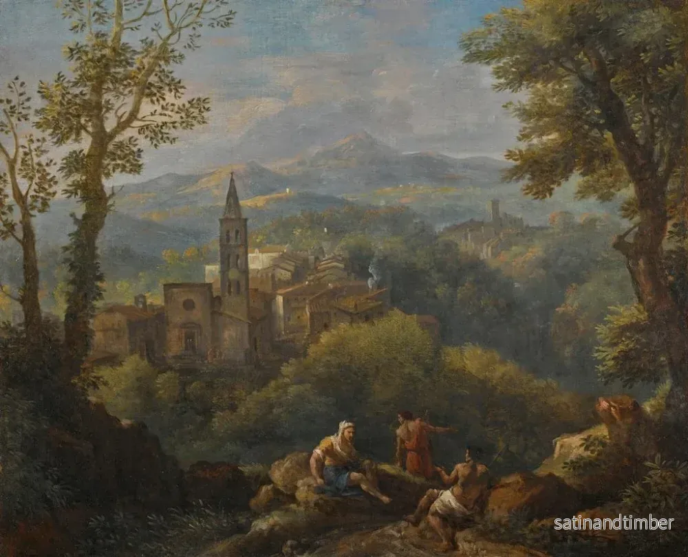 Reproduktion av målningen Landskapsmålning i kursiv med tre figurer i förgrunden, bergsbyar och en kyrka i fjärran - Jan Frans van Bloemen - Bild 2
