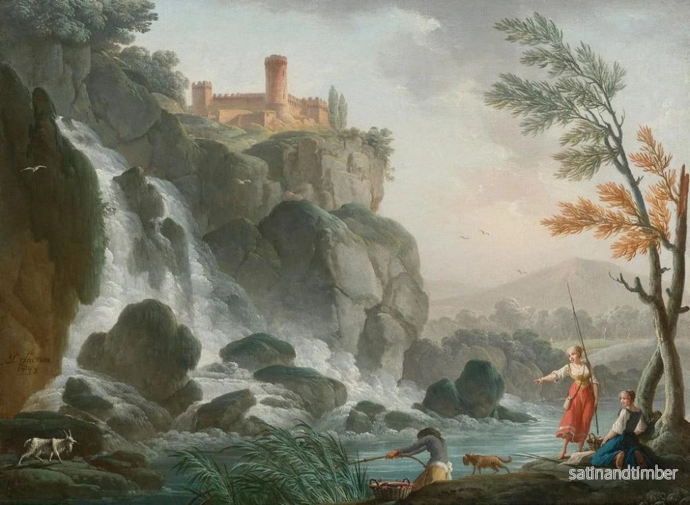 Reproduktion av målningen Fiske vid en flod med ett vattenfall under ett slott - Charles-François Grenier de Lacroix - Bild 2