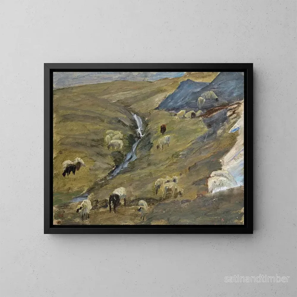 Reproduktion av målningen Troupeau de moutons sur un alpage – Ernst Schiess Reproduktion av målningen Troupeau de moutons sur un alpage – Ernst Schiess