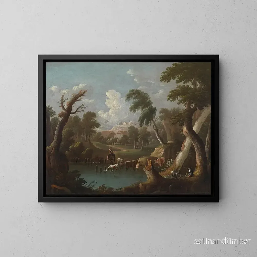 Reproduktion av målningen Landskapsbild med berg och boskap som dricker - Johann Georg von Bemmel