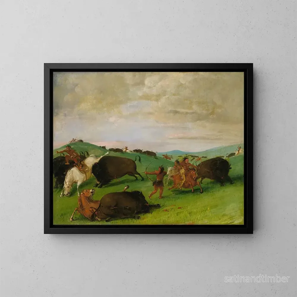 Reproduktion av målningen La chasse au buffle: les taureaux en lutte avec les hommes et les chevaux - George Catlin