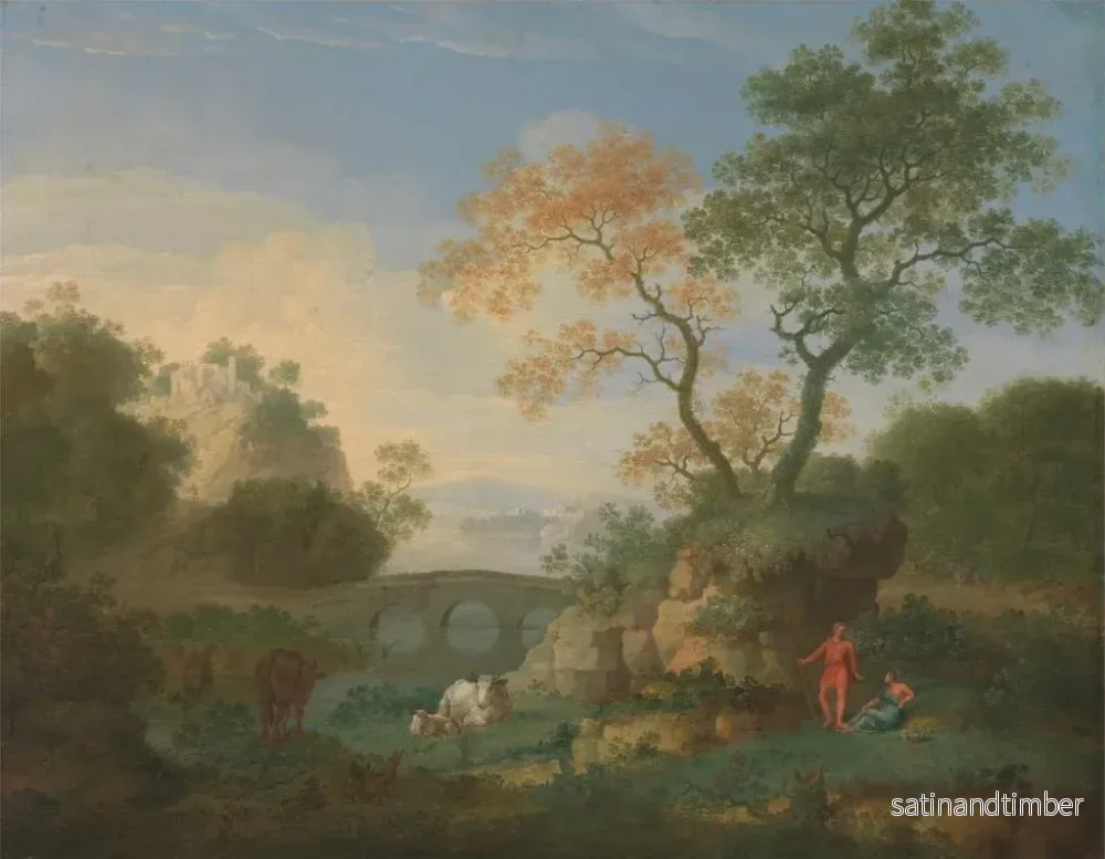 Reproduktion av målningen av ett landskap med avlägsna klassiska ruiner, en bro, figurer och boskap - William Smith - Bild 2