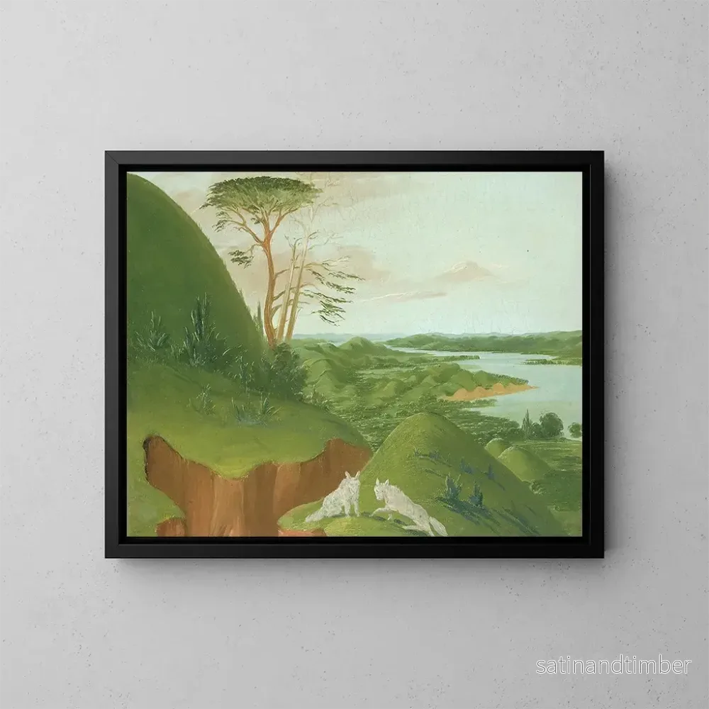 Reproduktion av målningen av flodklippor med vita vargar i förgrunden, Haut-Missouri – George Catlin Reproduktion av målningen av flodklippor med vita vargar i förgrunden, Haut-Missouri – George Catlin