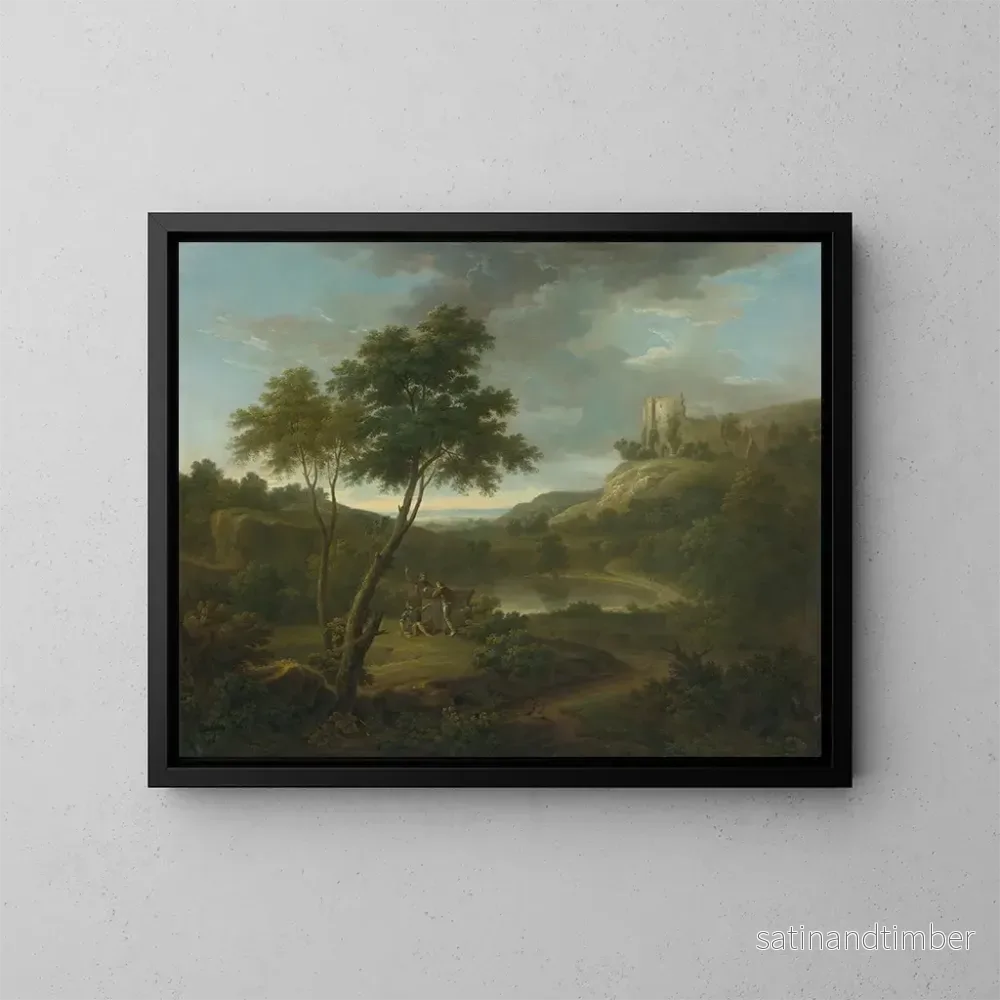 Reproduktion av målningen Caprice med en klassisk sarkofag och möjligen Beeston slott, Cheshire - George Lambert