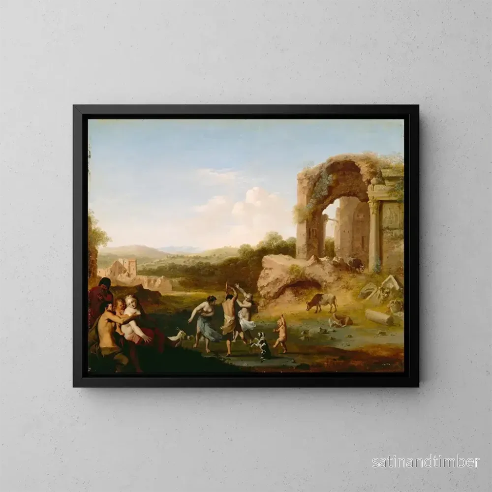 Reproduktion av målningen Dansande figurer nära en ruin - Cornelis van Poelenburch