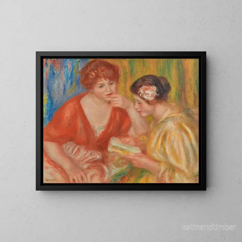 Reproduktion av målningen La Lecture. Två kvinnor med röda och rosa blusar - Pierre-Auguste Renoir