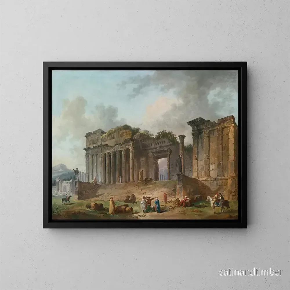 Reproduktion av målningen Ett arkitektoniskt infall med en konstnär skissande i förgrunden - Hubert Robert