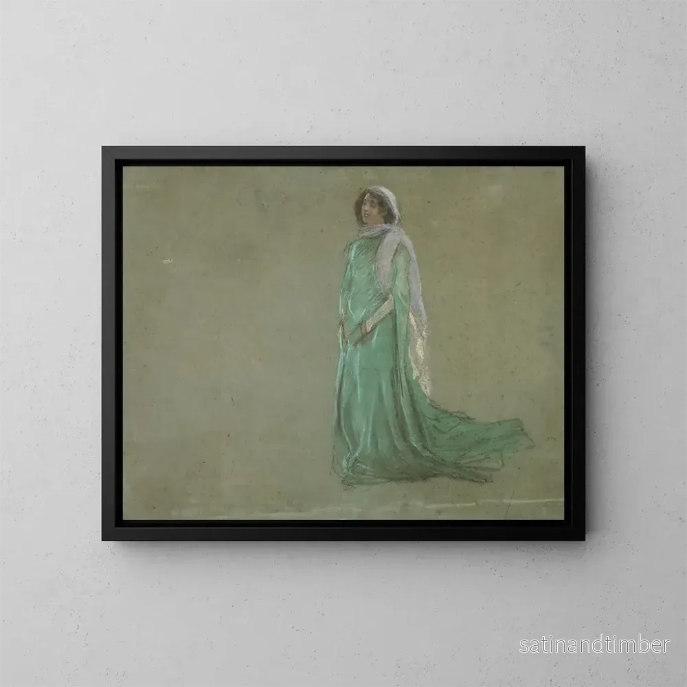 Reproduktion av målningen Studie av en kvinna i lång grön klänning och rosa halsduk – Edwin Austin Abbey Reproduktion av målningen Studie av en kvinna i lång grön klänning och rosa halsduk – Edwin Austin Abbey