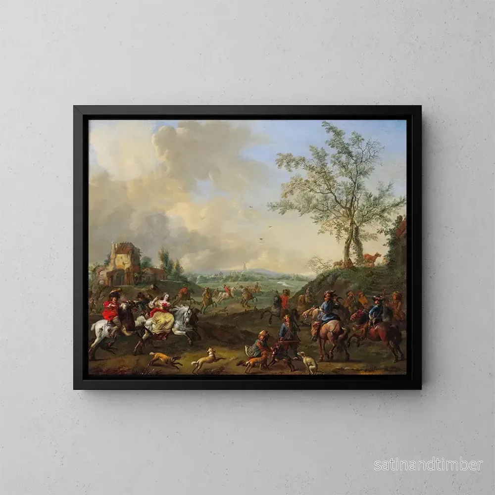 Reproduktion av målningen av eleganta riddare i en jaktscen med falkar - Jan Frans van Bredael