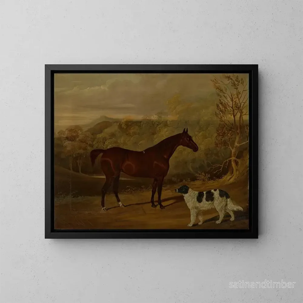 Reproduktion av målningen En svart häst och en cocker spaniel stående i Harewood-parken – David Dalby de York Reproduktion av målningen En svart häst och en cocker spaniel stående i Harewood-parken – David Dalby de York