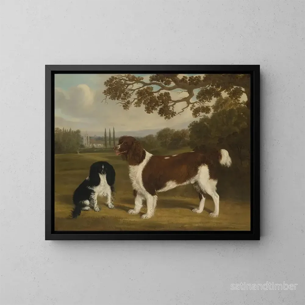 Reproduktion av målningen En leksprydande toy och en springer spaniel i ett landskap med en kyrka i fjärran - William Nedham