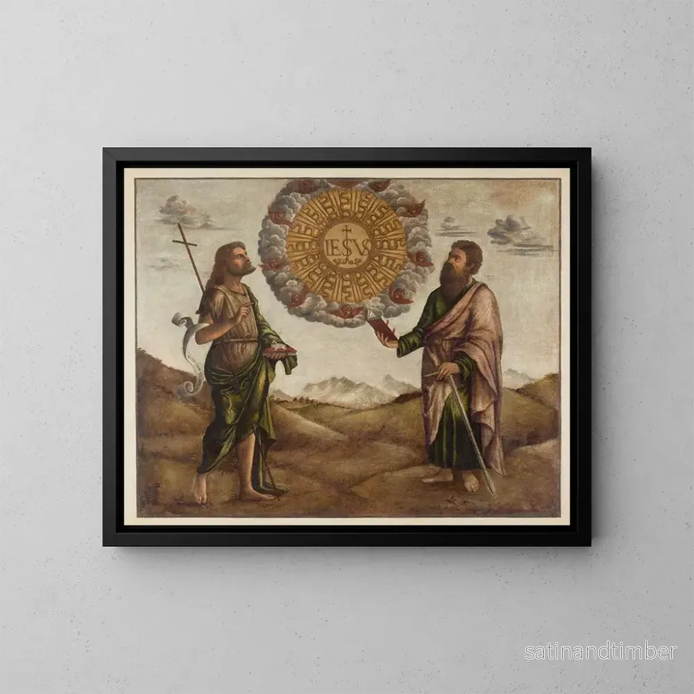 Reproduktion av målningen av tillbedjan av Jesu namn mellan heliga Johannes Döparen och heliga Paulus - Benedetto Carpaccio