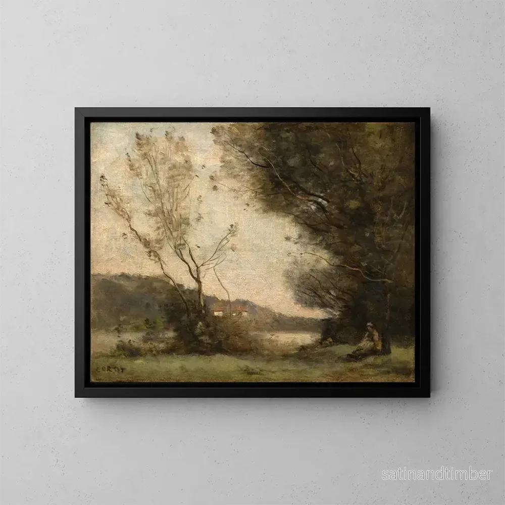 Reproduktion av målningen vid flodkanten - Jean-Baptiste-Camille Corot