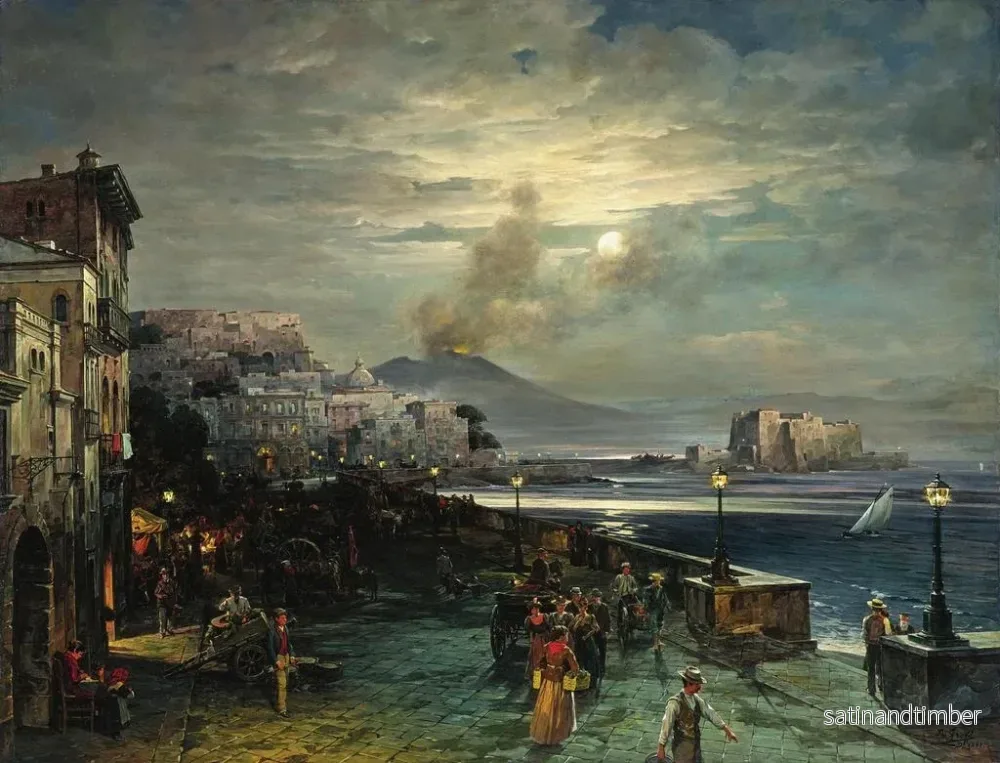 Reproduktion av målningen Naples, en nattlig kaj med utsikt över Vesuvius - Theodor Groll - Bild 2