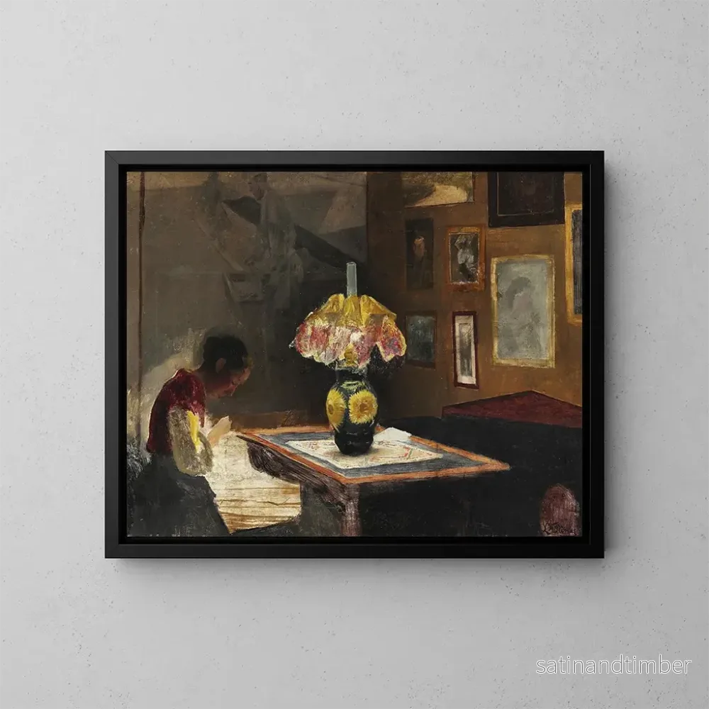 Reproduktion av målningen L'epouse de l'artiste Sigrid syende i ljuset av lampan Karrebksminde - Laurits Andersen Ring