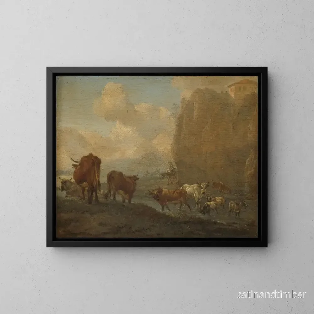Reproduktion av målningen Bétail au bord d'une rivière - Willem Romeyn