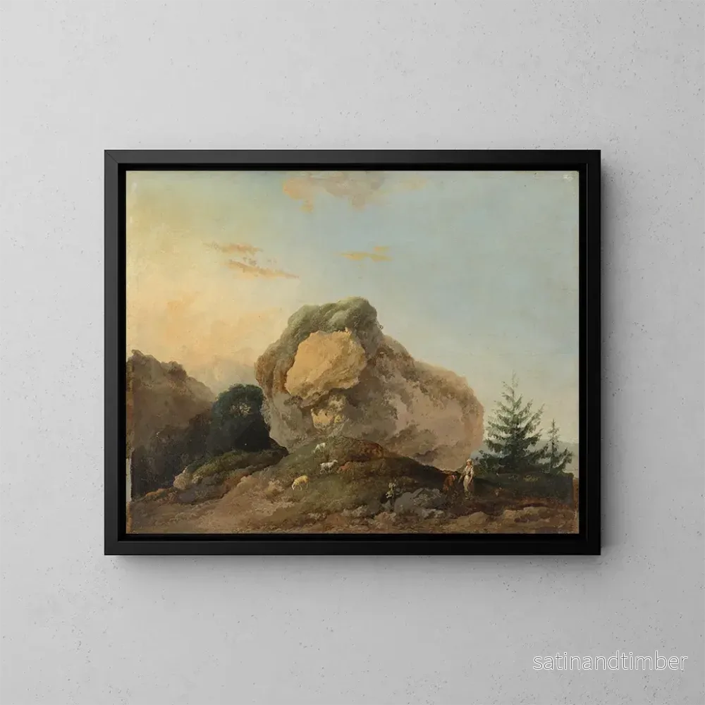Reproduktion av målningen En kuperad landskap med en stor klippa och en herde och en herdinna med deras flock – Louis Gabriel Moreau Reproduktion av målningen En kuperad landskap med en stor klippa och en herde och en herdinna med deras flock – Louis Gabriel Moreau