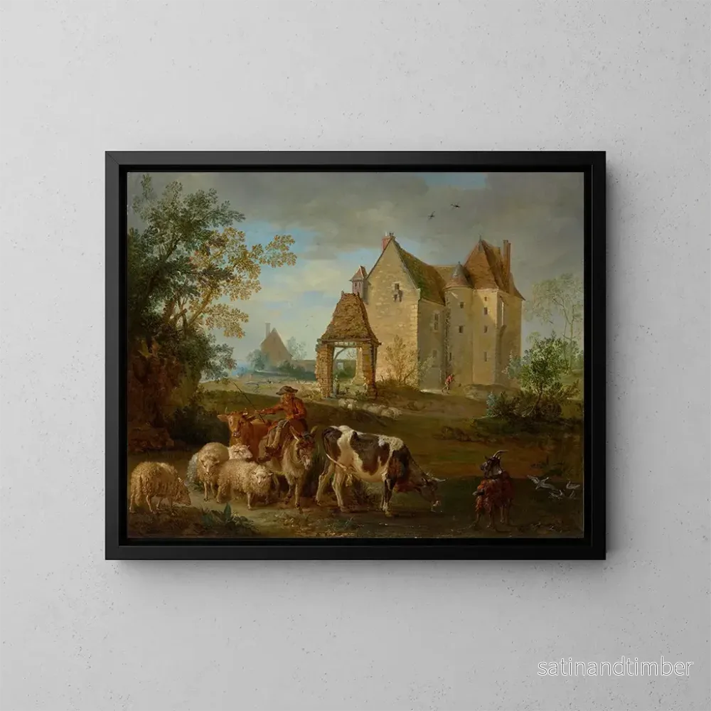 Reproduktion av målningen av ett landskap med en herde som leder djur till betet, ett slott i fjärran - Jean-Baptiste Oudry