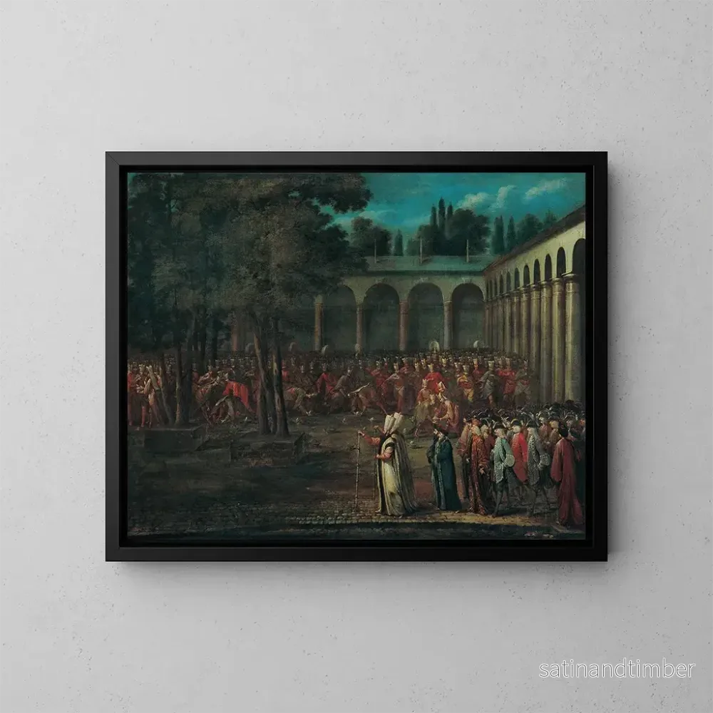 Reproduktion av målningen La délégation ambassadrice traversant le deuxième cour de palais de Topkapi - Jean-Baptiste Vanmour
