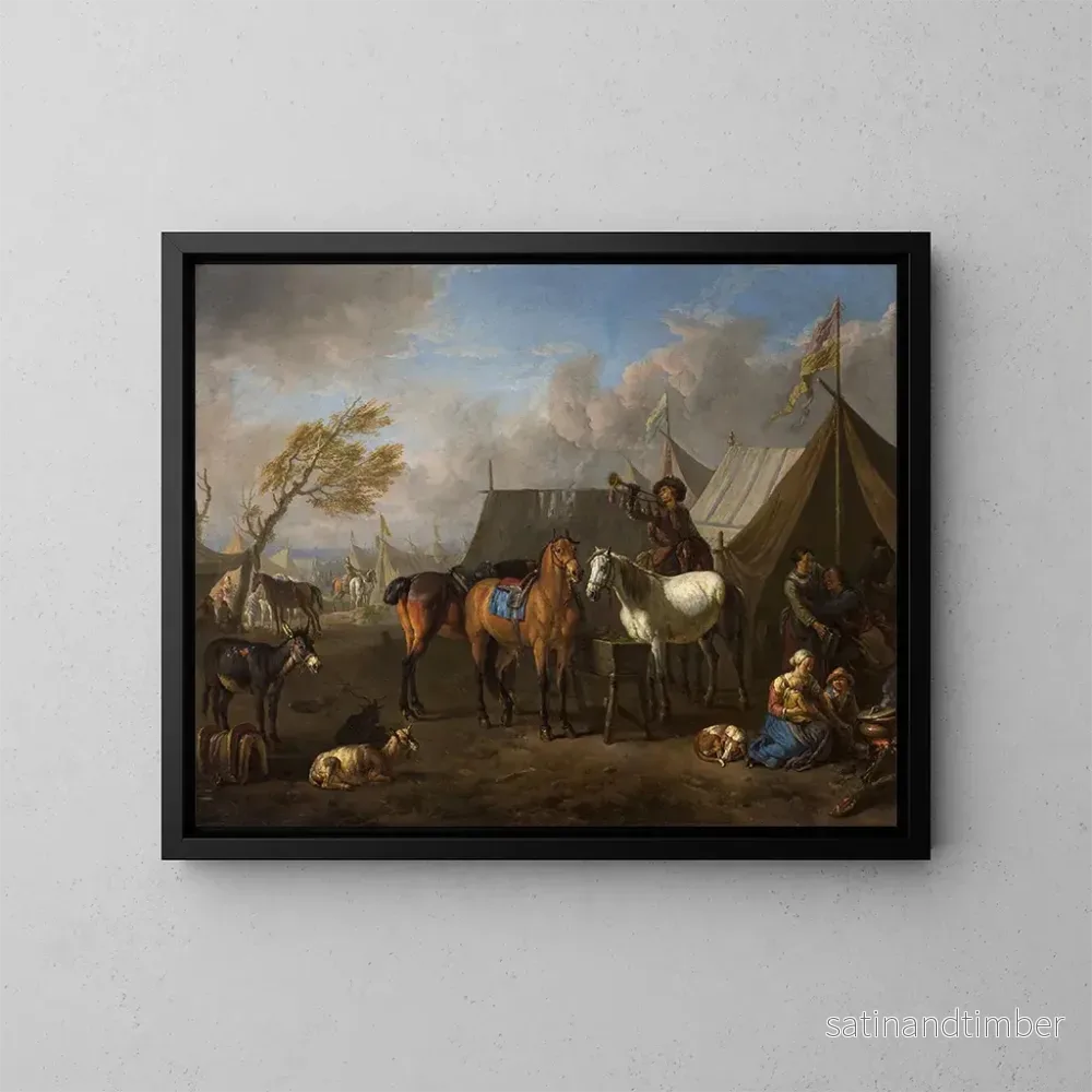 Reproduktion av målningen av campingscen med en trumpetare - Pieter van Bloemen
