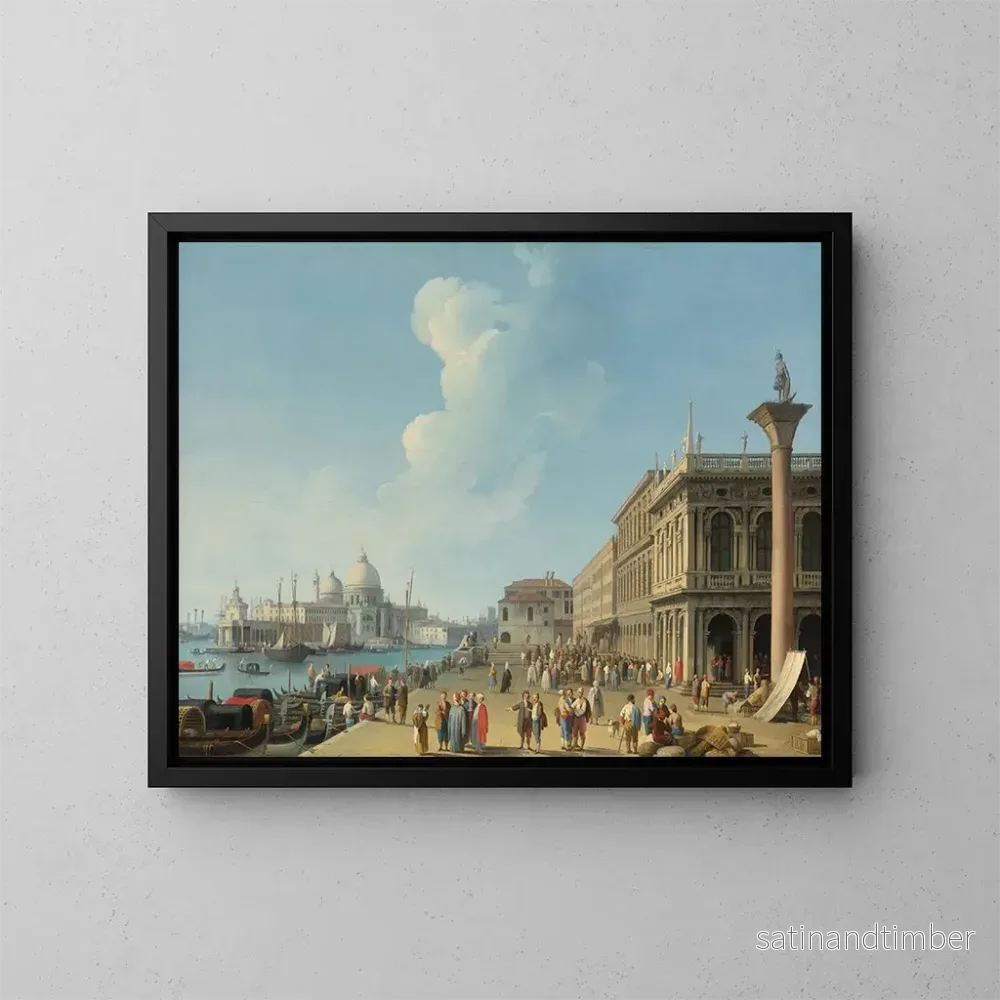 Reproduktion av målningen Venise, vy från Piazzetta mot väster, i riktning mot Dogana och Santa Maria della Salute, med Zecca, Sansoviniana-biblioteket och helgonet Theodore-kolumnen – Giovanni Battista Cimaroli Reproduktion av målningen Venise, vy från Piazzetta mot väster, i riktning mot Dogana och Santa Maria della Salute, med Zecca, Sansoviniana-biblioteket och helgonet Theodore-kolumnen – Giovanni Battista Cimaroli