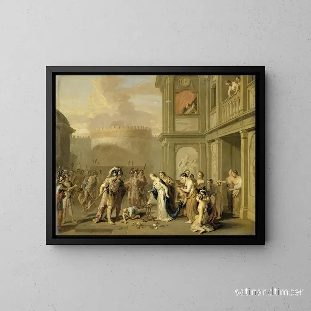 Reproduktion av målningen Cléopâtre som erbjuder vin till Alexander den Store efter hans erövring av Mazaka – Gerard Hoet Reproduktion av målningen Cléopâtre som erbjuder vin till Alexander den Store efter hans erövring av Mazaka – Gerard Hoet