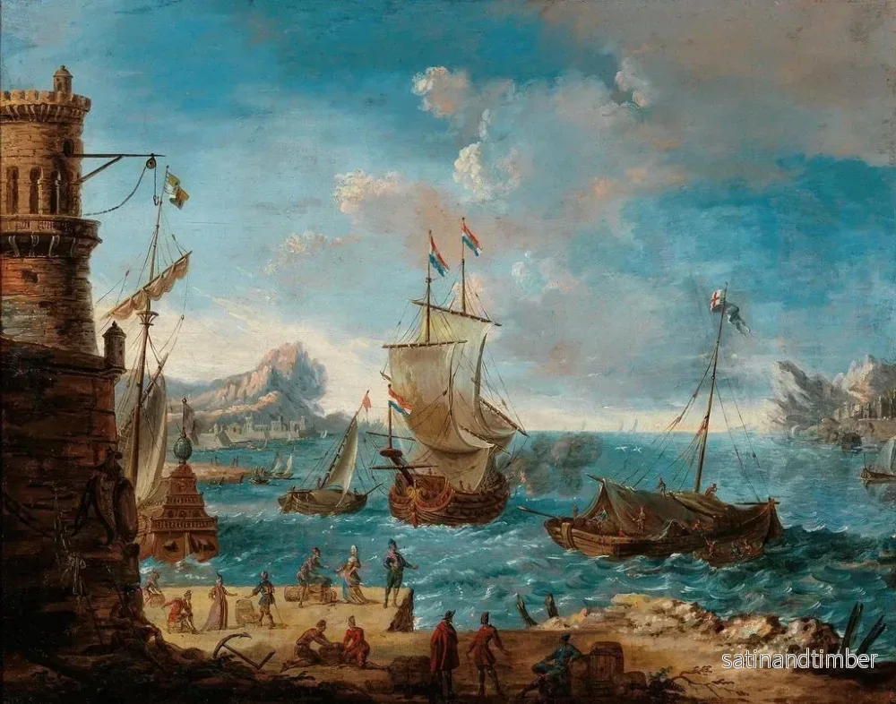 Reproduktion av målningen En kustlandskap med figurer som samtalar vid en hamn och fartyg i fjärran - Lodovico Mattioli - Bild 2