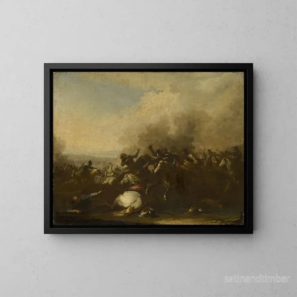 Reproduktion av målningen av slaget vid Augsburgs ryttare - Georg Philipp Rugendas den äldre