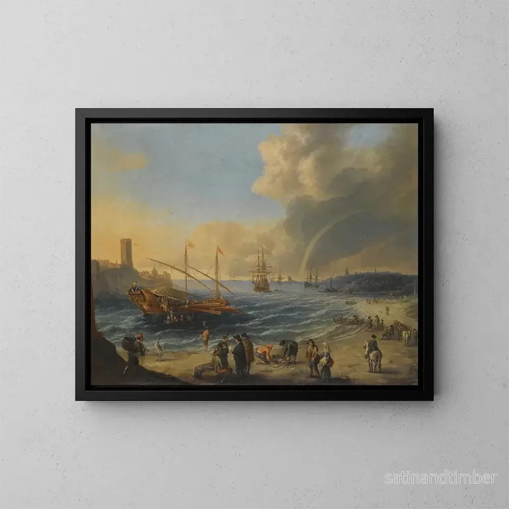 Reproduktion av målningen En scen av en medelhavshamn med en ottomansk pråm och andra båtar, personer på stranden, en regnbåge i fjärran – Cornelis de Wael Reproduktion av målningen En scen av en medelhavshamn med en ottomansk pråm och andra båtar, personer på stranden, en regnbåge i fjärran – Cornelis de Wael