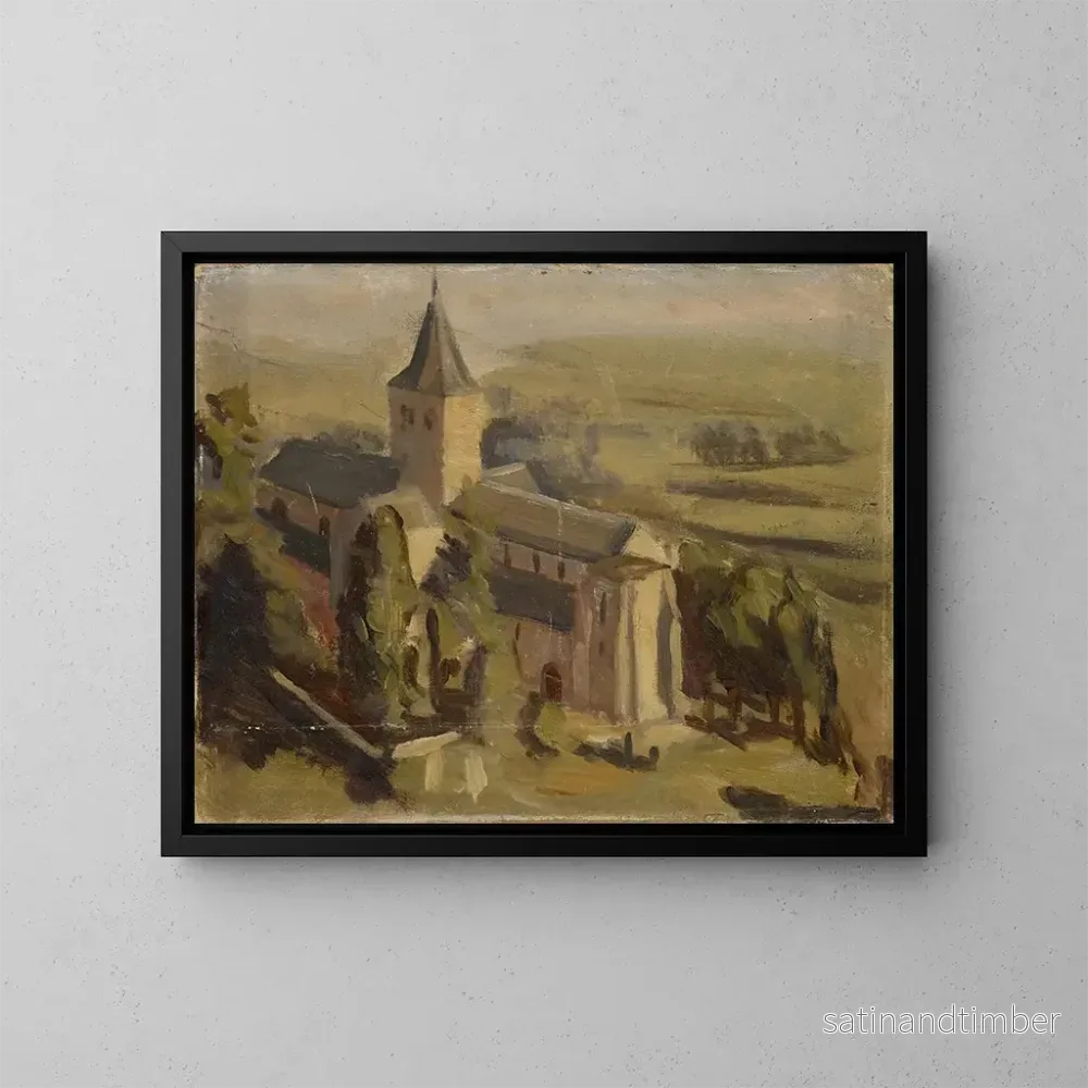 Reproduktion av målningen Landskap med medeltida kyrka - William de Goumois