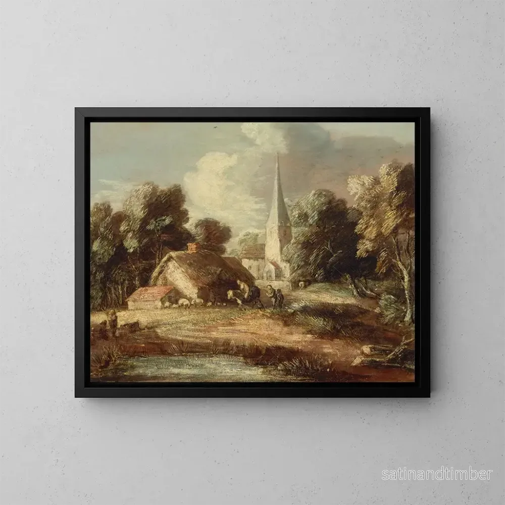 Reproduktion av målningen Landskapsbild med ett torp och en kyrka - Thomas Gainsborough