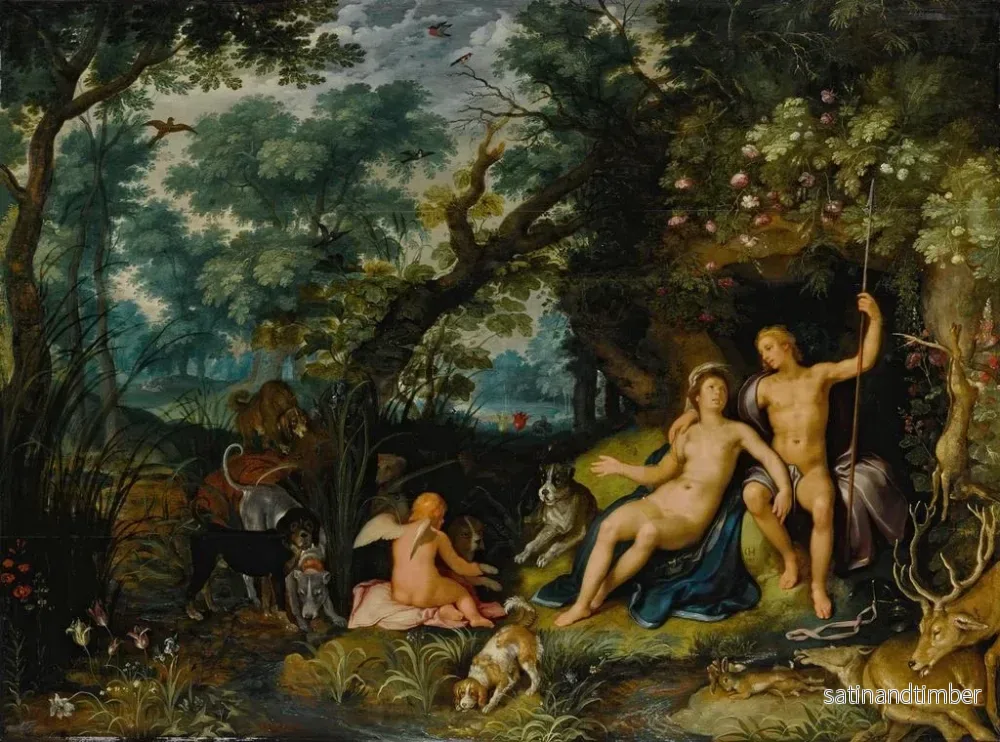 Reproduktion av målningen Venus och Adonis vilande i ett vidsträckt landskap med Cupido, jakthundar och deras byten - Cornelis Cornelisz van Haarlem - Bild 2