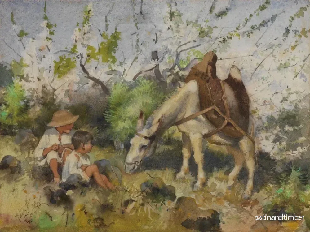 Reproduktion av målningen Landskapsmålning sommar med barn och åsna - Julian Alden Weir - Bild 2