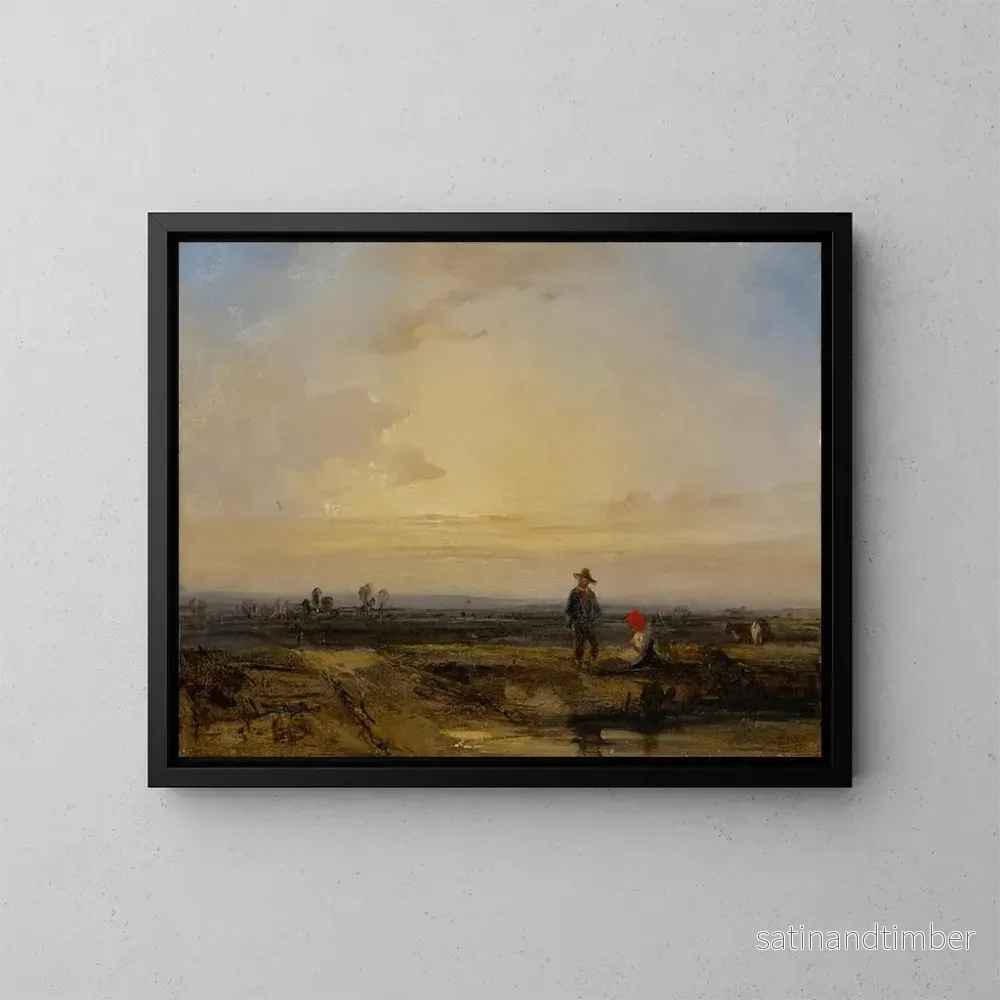 Reproduktion av målningen Landskap med solnedgång och figurer framför en damm - Richard Parkes Bonington