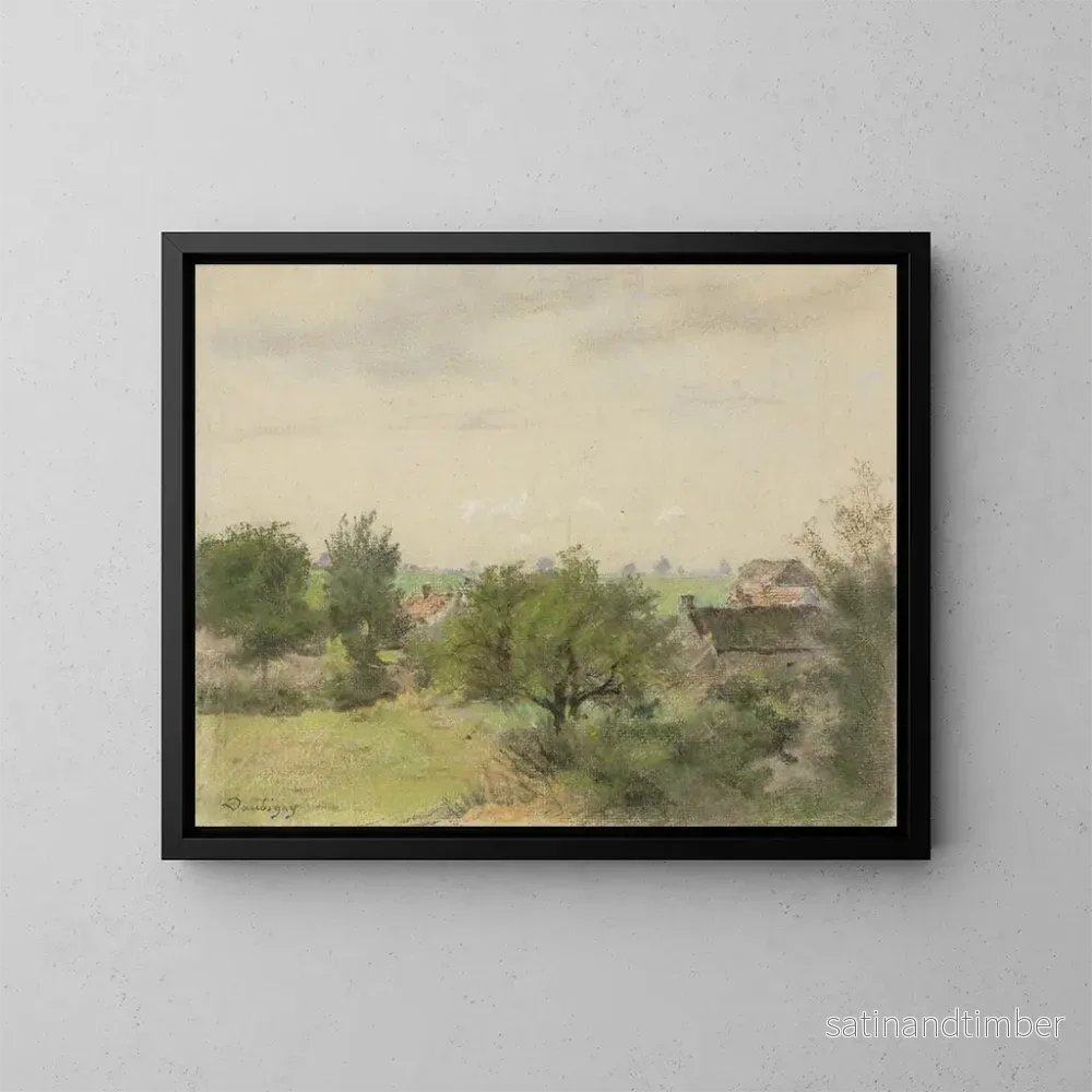 Reproduktion av målningen Landskap med hus mellan träd – Charles François Daubigny