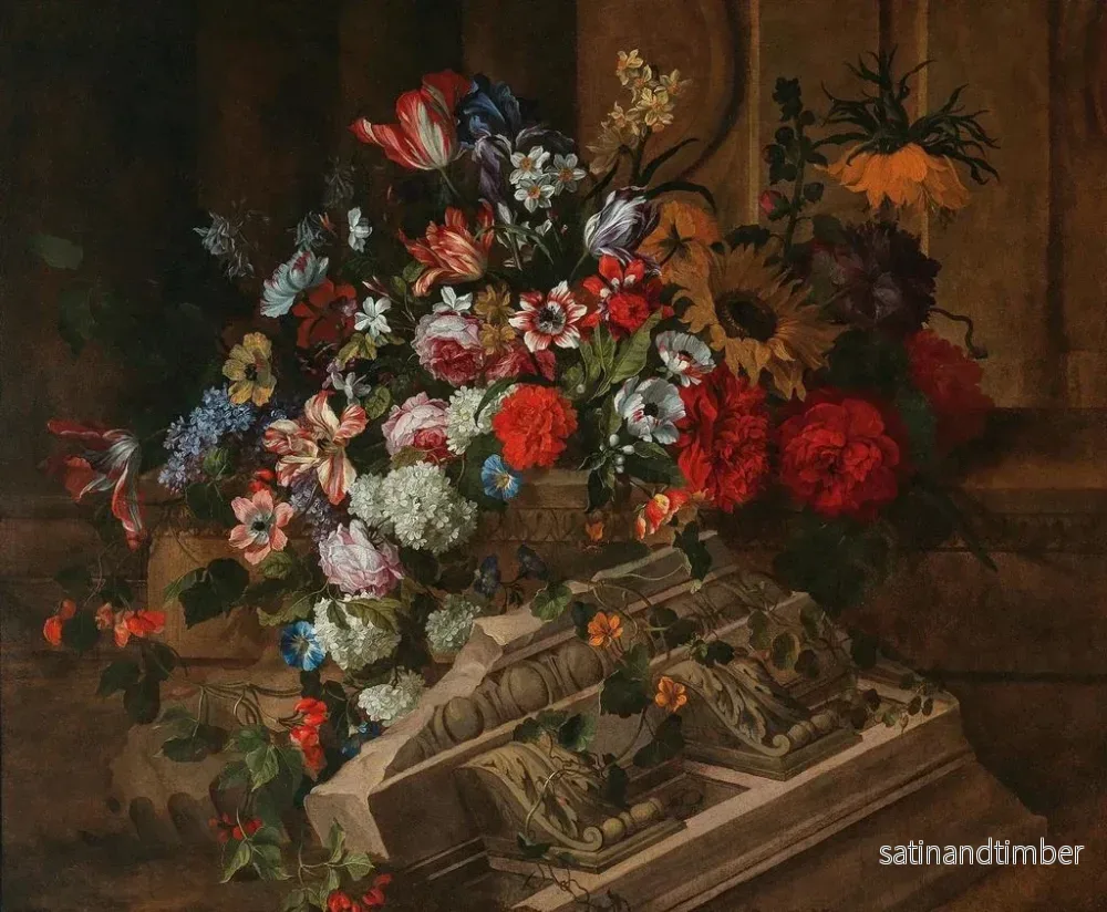 Reproduktion av målningen Blommor nära en klassisk klippa på en terrass - Jean-Baptiste Monnoyer - Bild 2