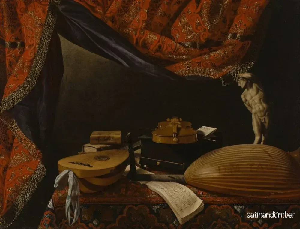 Reproduktion av målningen av stilleben med musikinstrument, böcker och skulptur - Evaristo Baschenis - Bild 2