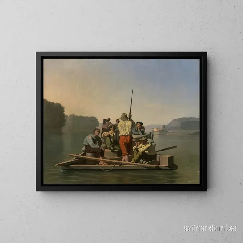 Reproduktion av målningen En ångbåt som har strandat assisterad av en lättare - George Caleb Bingham