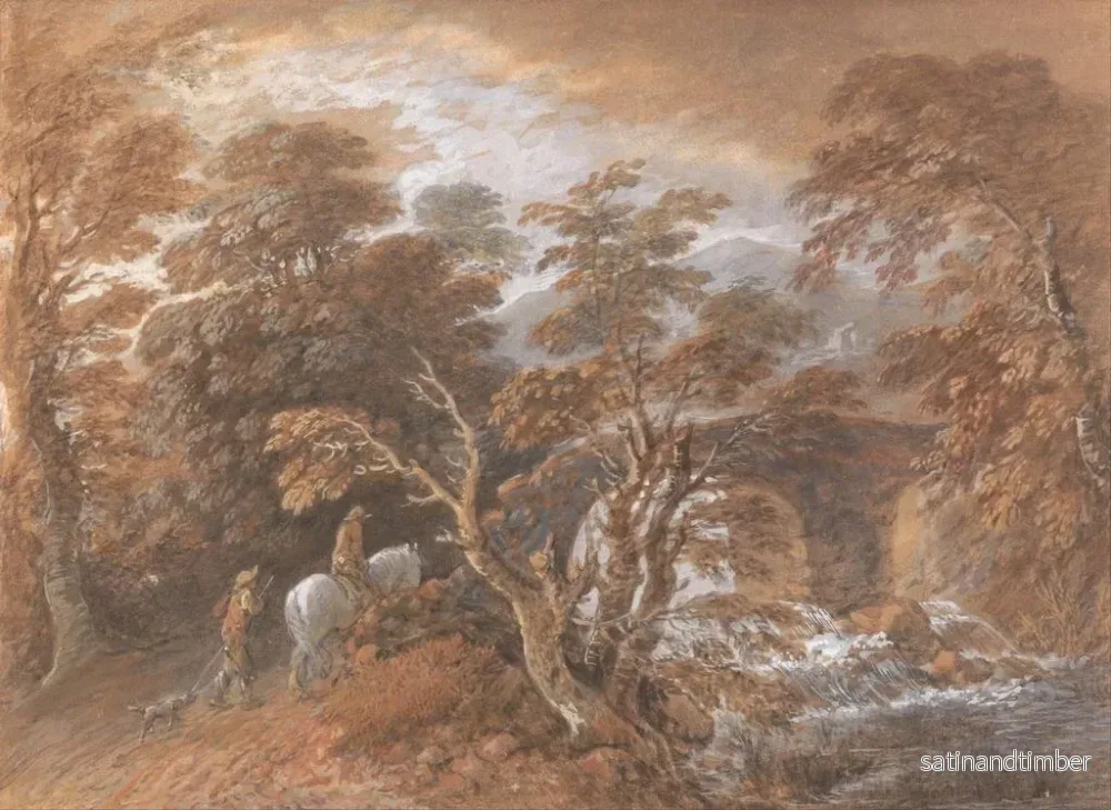 Reproduktion av målningen Landskapsmålning med böljande landskap och figurer som närmar sig en bro - Thomas Gainsborough - Bild 2