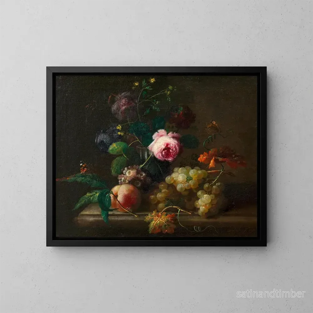 Reproduktion av målningen av stilleben med blommor och frukter - Johann Baptist Drechsler