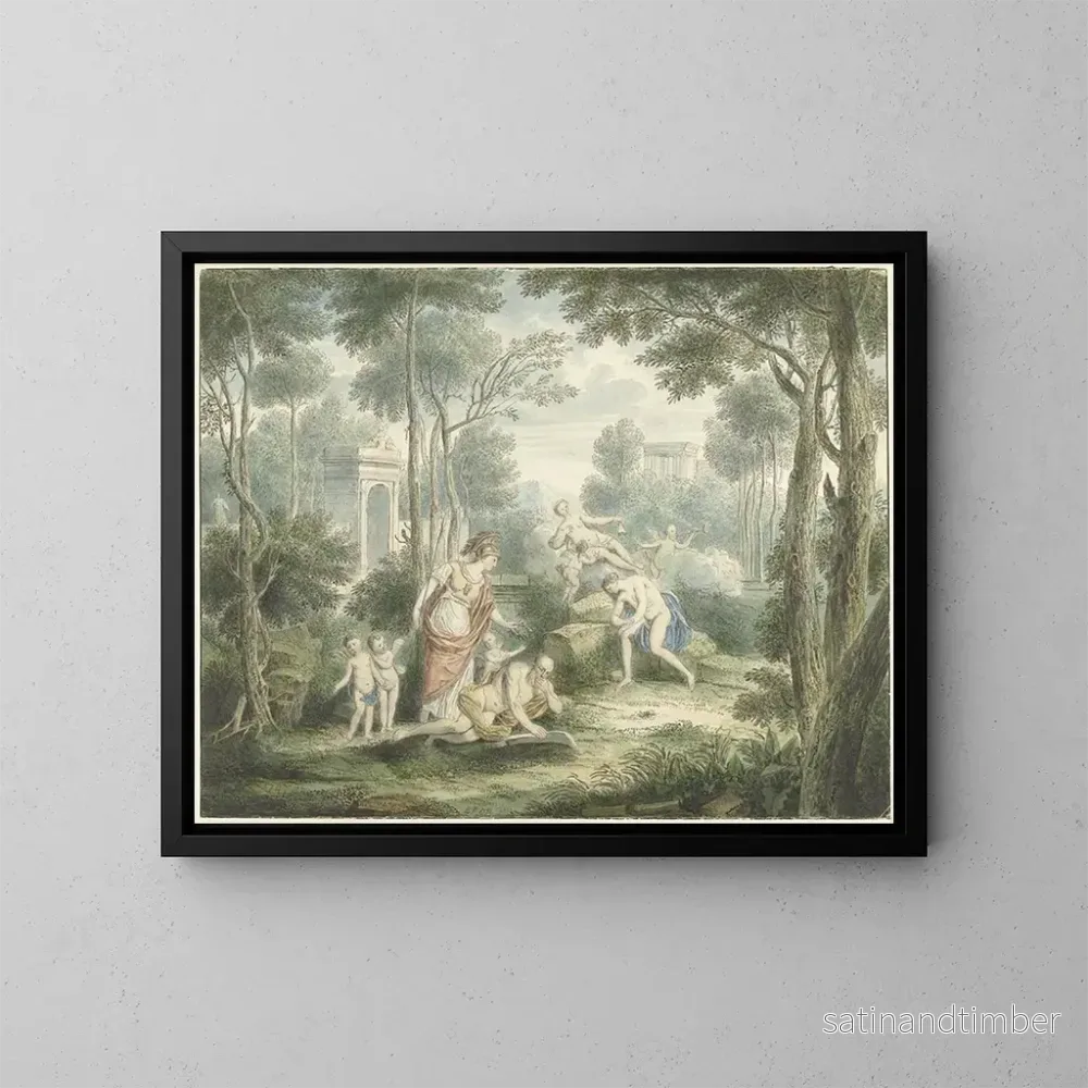 Reproduktion av målningen av ett landskap i arkadisk stil med Aten som krönar en äldre man samt Venus och Adonis - Louis Fabritius Dubourg