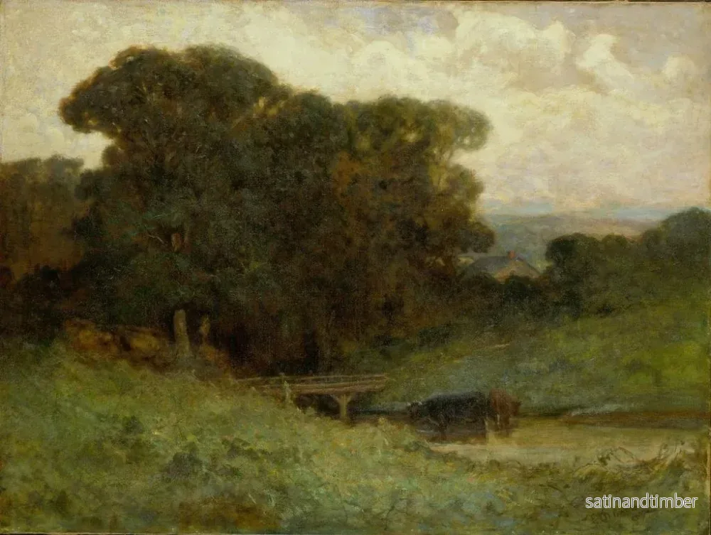 Reproduktion av målningen skogsscen utan titel med en bro och kor i bäcken i förgrunden - Edward Mitchell Bannister - Bild 2