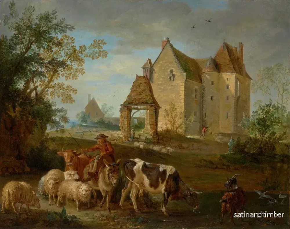 Reproduktion av målningen av ett landskap med en herde som leder djur till betet, ett slott i fjärran - Jean-Baptiste Oudry - Bild 2