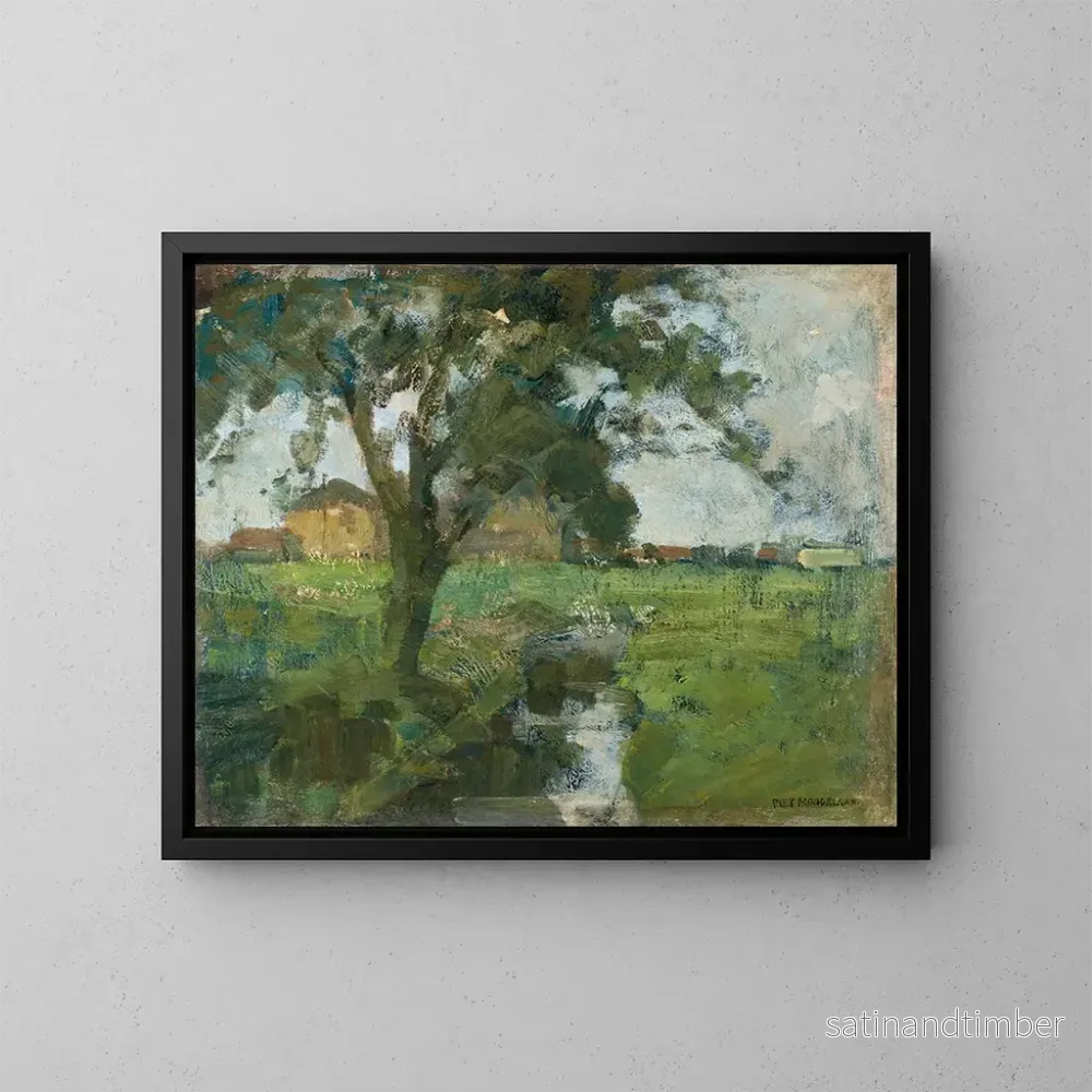 Reproduktion av målningen Landskapsmålning med träd i förgrunden och bevattningsdike - Piet Mondrian