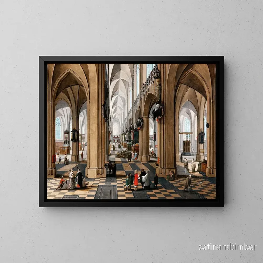 Reproduktion av målningen av ett interiör av en kyrka med eleganta figurer som promenerar och figurer som assisterar vid mässan - Pieter Neeffs den äldre